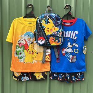 Pokémon Backpack & Sonic Graphic Print Tee & Shorts Sleep 2, 2-Piece Sets Size S